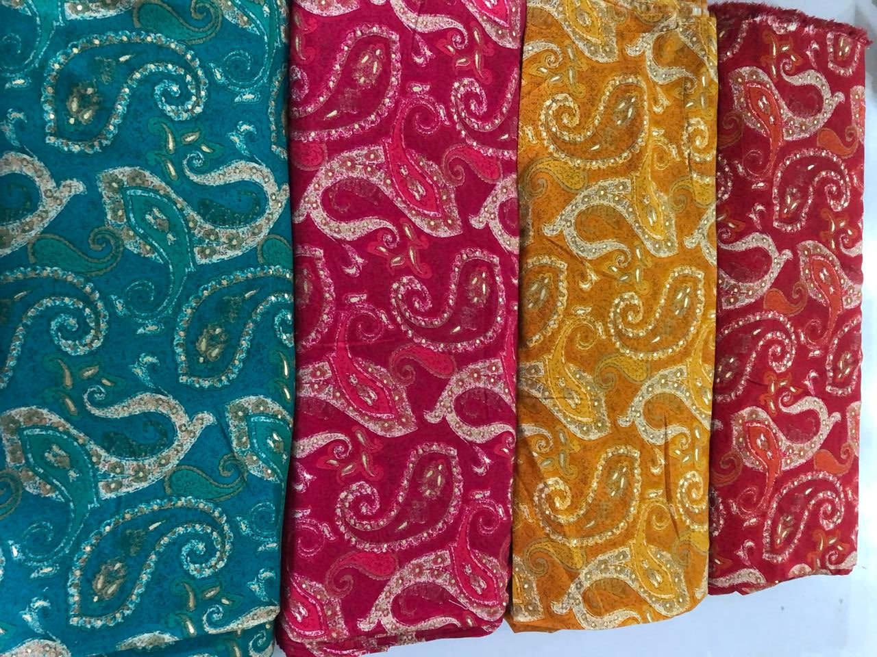 Premium Viscose Rayon fabric with foil print 58" wide available in four colors RED/PINK/PEACOCK GREEN AND MUSTARD GOLD