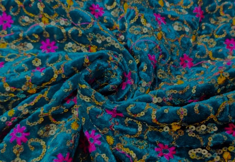 Micro Velvet Fabric Embroidered 44" wide PEACOCK BLUE [16529]