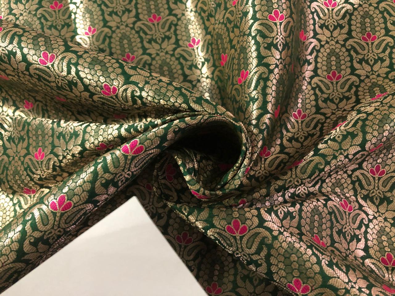 Silk Brocade fabric with metallic gold jacquard 44" wide GREEN AND PINK BRO945[4]