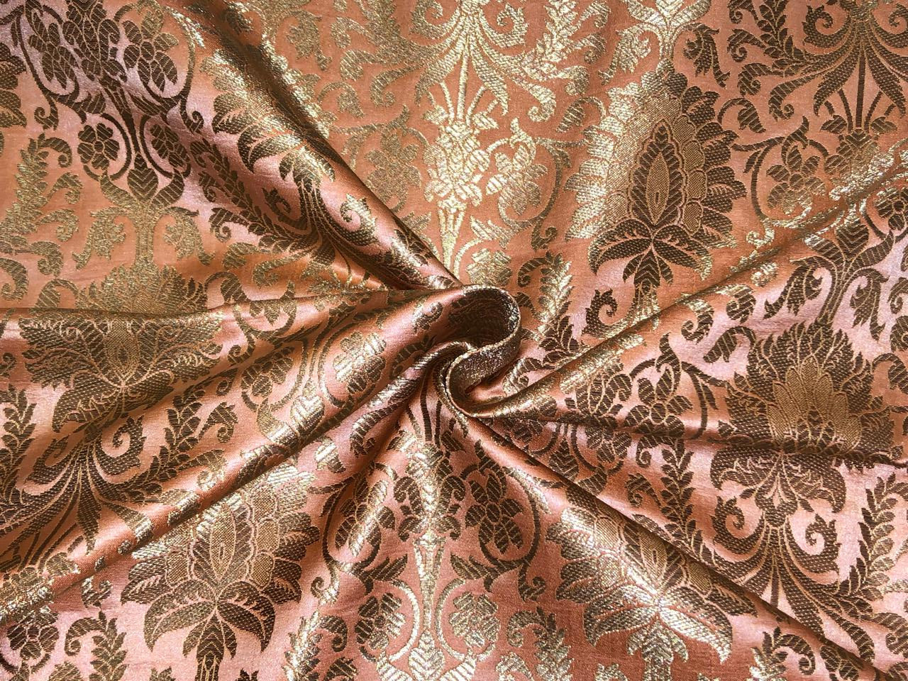 Silk Brocade fabric pink peach with beautiful gold  jacquard BRO1076[3]