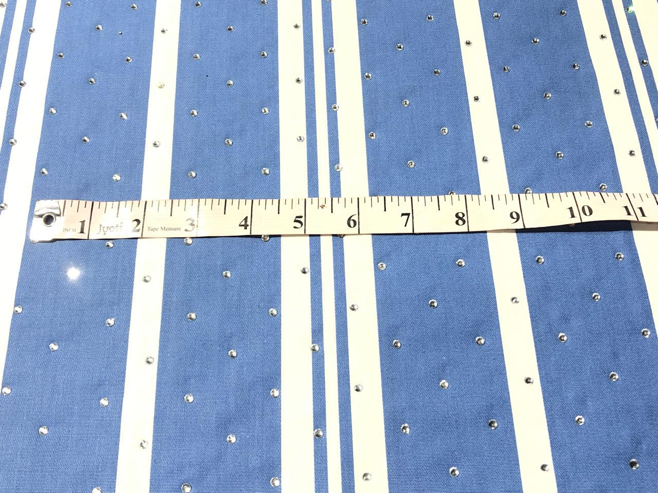 100% Cotton Denim  Fabric 58" wide BLUE WHITE STRIPE WITH RHINESTONES [16862]