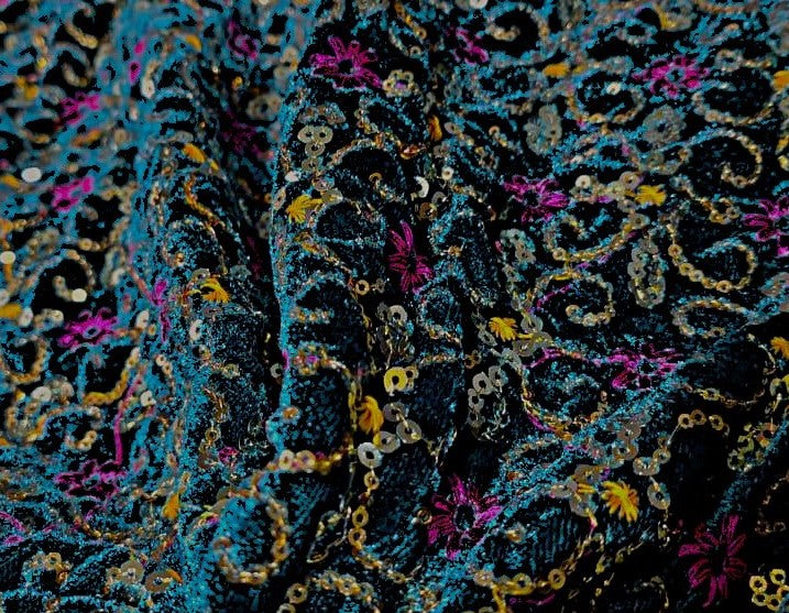 Micro Velvet Fabric Embroidered 44" wide PEACOCK BLUE [16529]