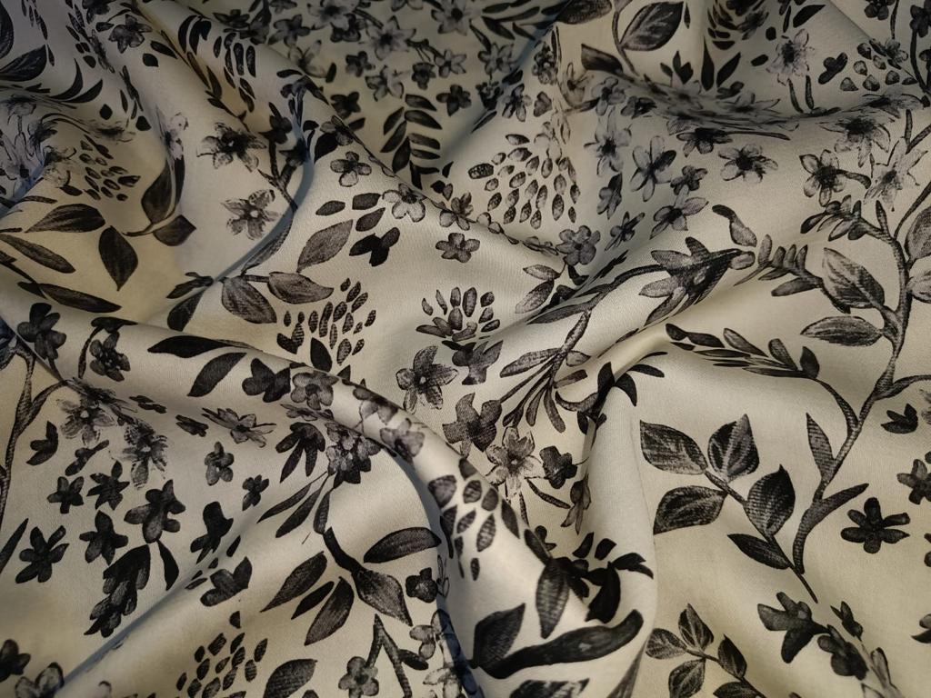 100% linen Floral digital print black and ivory  floral print fabric 44" wide [15424]