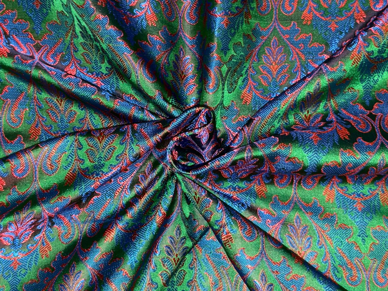 Silk Brocade fabric 44"jacquard green with beautiful blue and reddish orange motifs BRO1068[2]