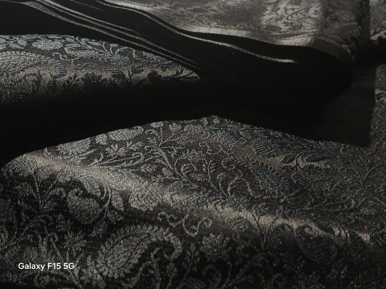 Silk Brocade Fabric JET BLACK SELF  jacquard 44" wide  BRO986 available in 3 styles paisleys ,and leaf motifs