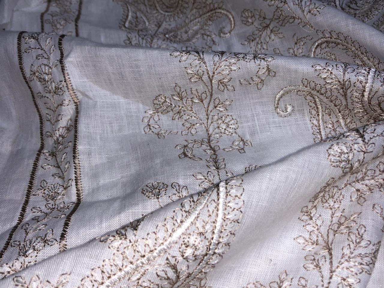 100% Linen  Kashmiri Embroidery available in 3 colors ivory with pink paisleys ,camel with navy paisley and ivory with beige paisley