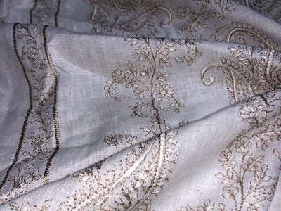 100% Linen  Kashmiri Embroidery available in 3 colors ivory with pink paisleys ,camel with navy paisley and ivory with beige paisley