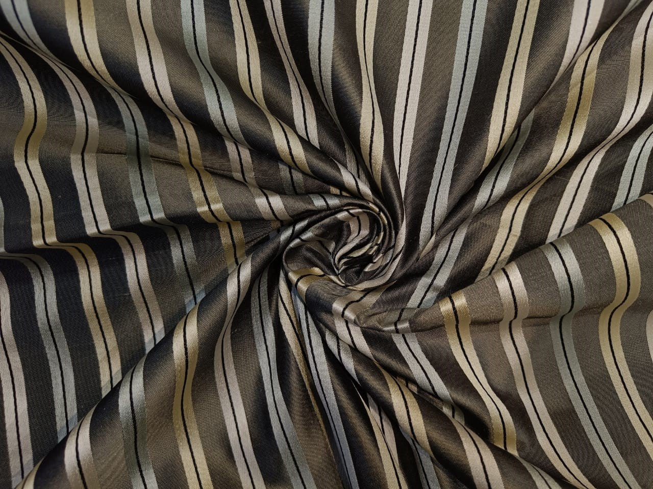 100% SILK TAFFETA FABRIC GREY IVORY & CREAM COLOUR WITH SATIN STRIPES 54" wide TAFS127[6]