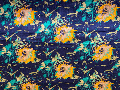 100% Pure Silk 100 grams satin printed 44"wide fabric royal blue and bright yellow and teal floral  [18420]