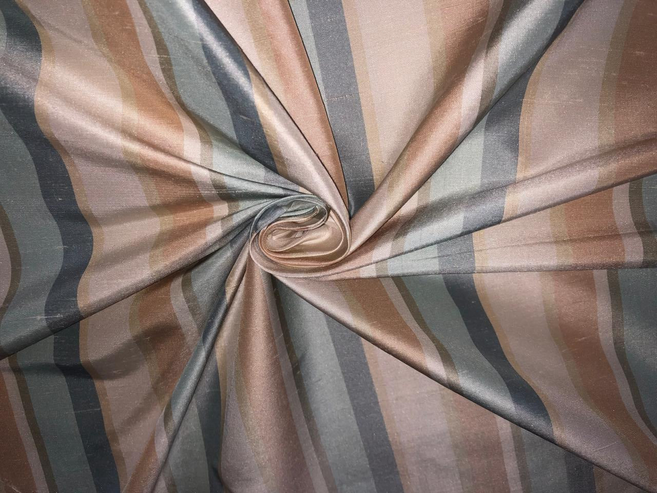 PURE SILK Dupioni FABRIC Dusty Shades of sea green ,rose, cream and grey color Stripes DUPS15[3]