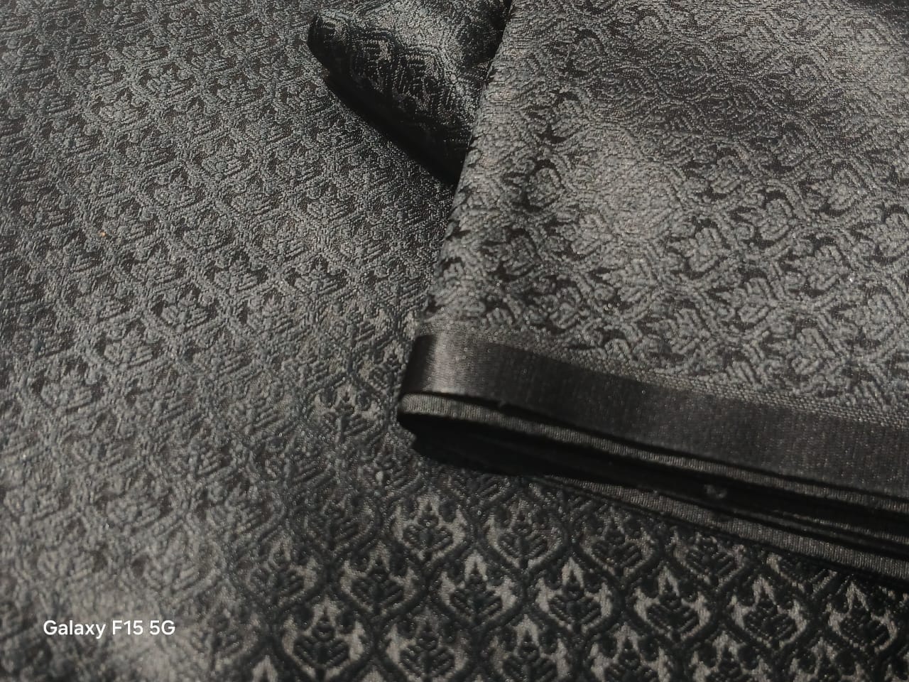 Silk Brocade Fabric JET BLACK SELF  jacquard 44" wide  BRO986 available in 3 styles paisleys ,and leaf motifs