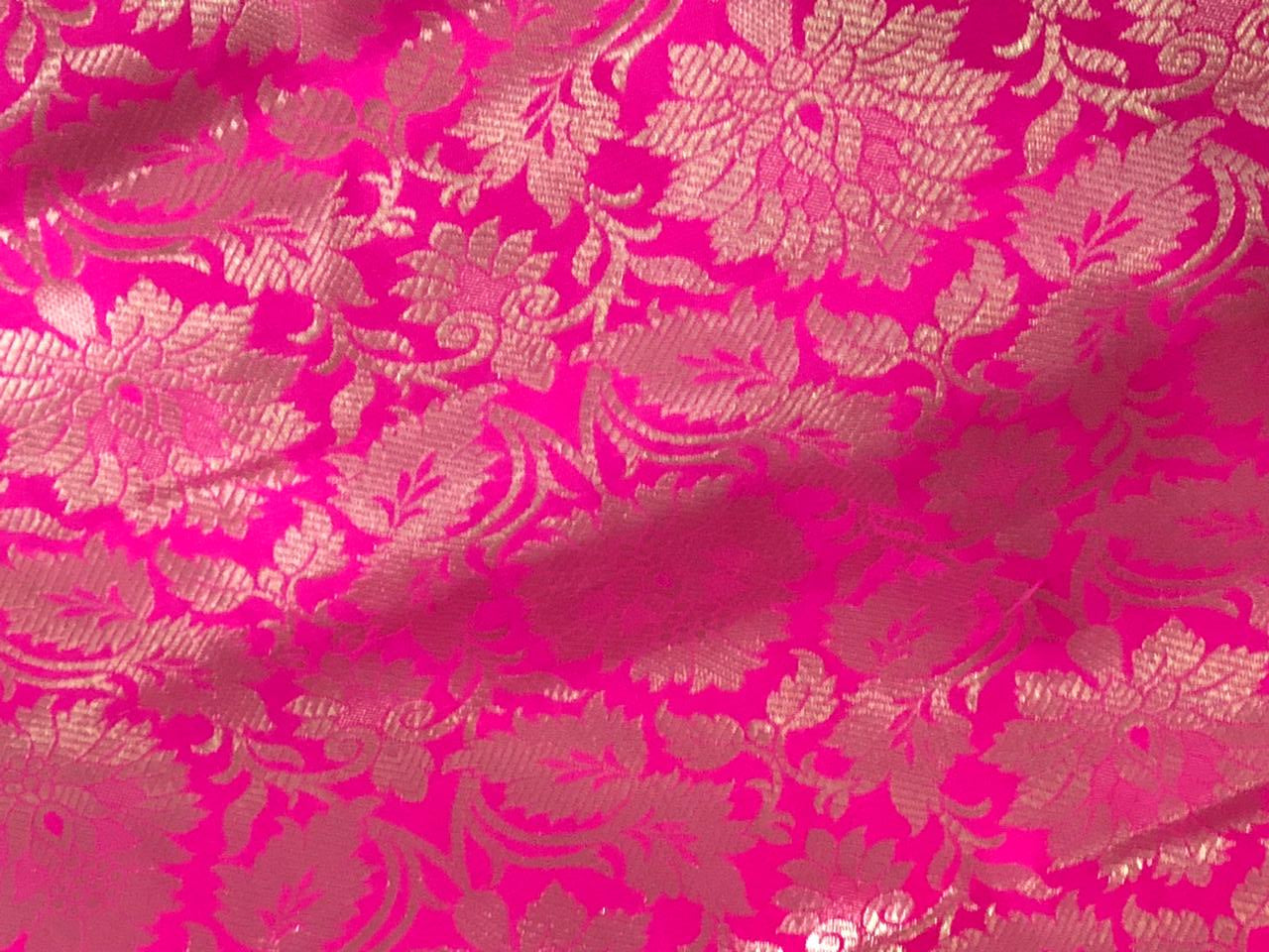 Silk Brocade fabric bright pink with white gold floral jacquard 44" BRO1063[1]