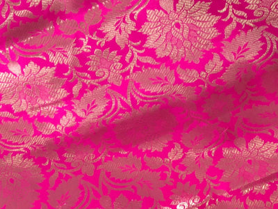 Silk Brocade fabric bright pink with white gold floral jacquard 44" BRO1063[1]