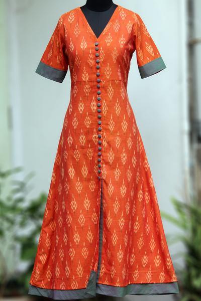 100% pure silk dupion ikat fabric orange x green color 44" wide DUP_IKAT_ORANGE