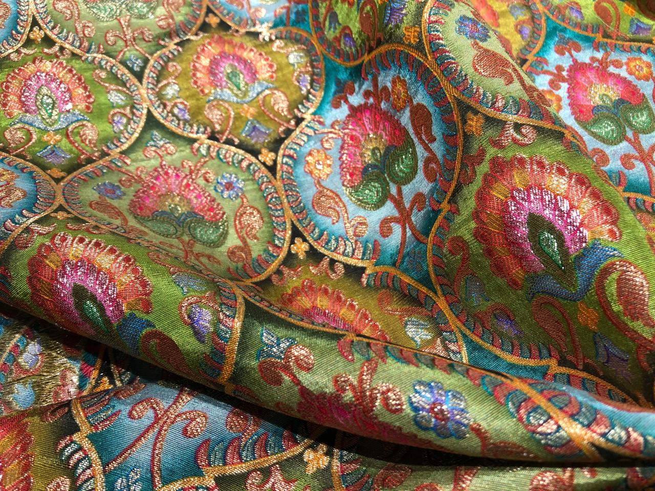 Silk Brocade Fabric beautiful jacquard  in multi colors 44""wide available in 4 color choices shades of greens/shades of blue and pink/shades of purple and pink and shades of olive and sea green   BRO967