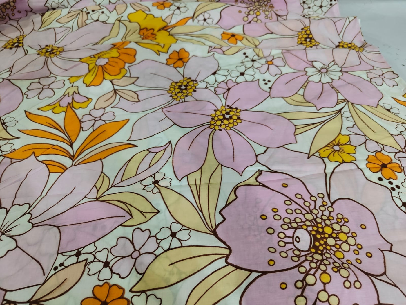 100% Cotton Poplin FLORAL PRINT pastel pink, orange and yellow flowers [17231]
