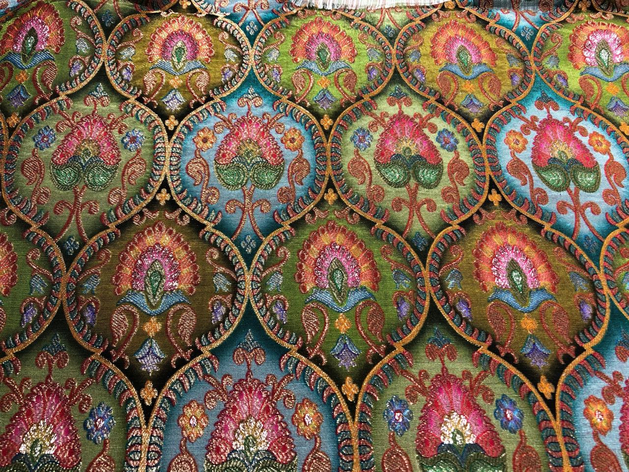 Silk Brocade Fabric beautiful jacquard  in multi colors 44""wide available in 4 color choices shades of greens/shades of blue and pink/shades of purple and pink and shades of olive and sea green   BRO967