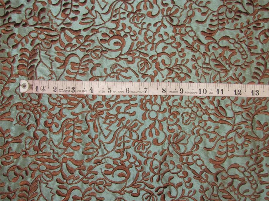 100% Silk Dupion Fabric Embroidery dusty blue x brown color 54" WIDE DUP# E55[1]