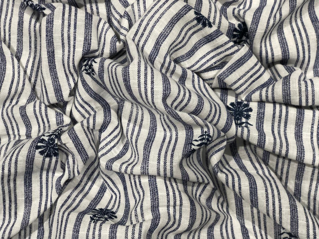 100% Linen stripe fabric [navy /white stripes]with navy color floral motif embroidery [17707]