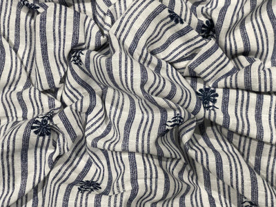 100% Linen stripe fabric [navy /white stripes]with navy color floral motif embroidery [17707]