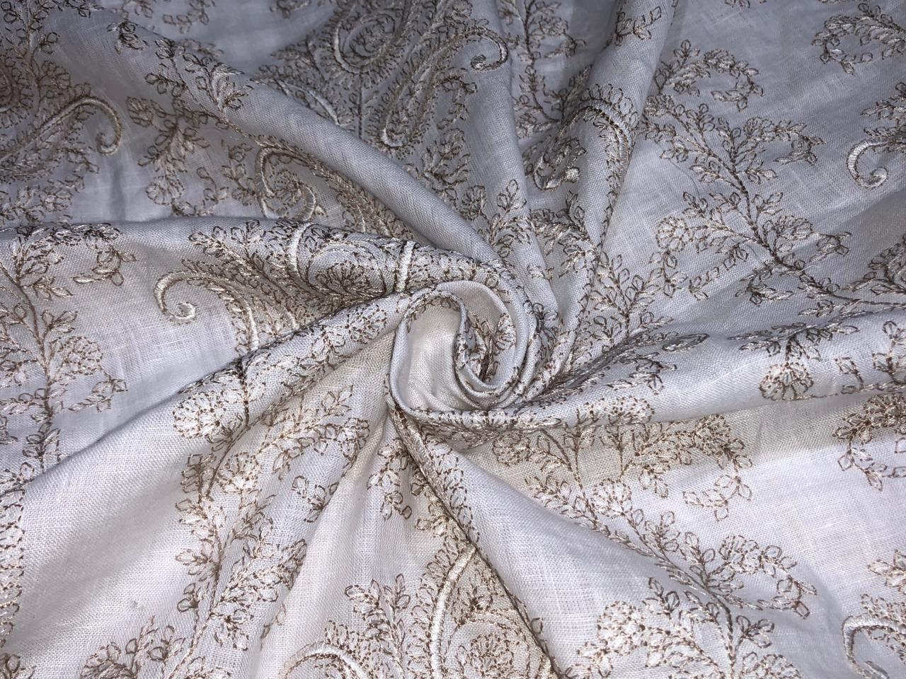 100% Linen  Kashmiri Embroidery available in 3 colors ivory with pink paisleys ,camel with navy paisley and ivory with beige paisley