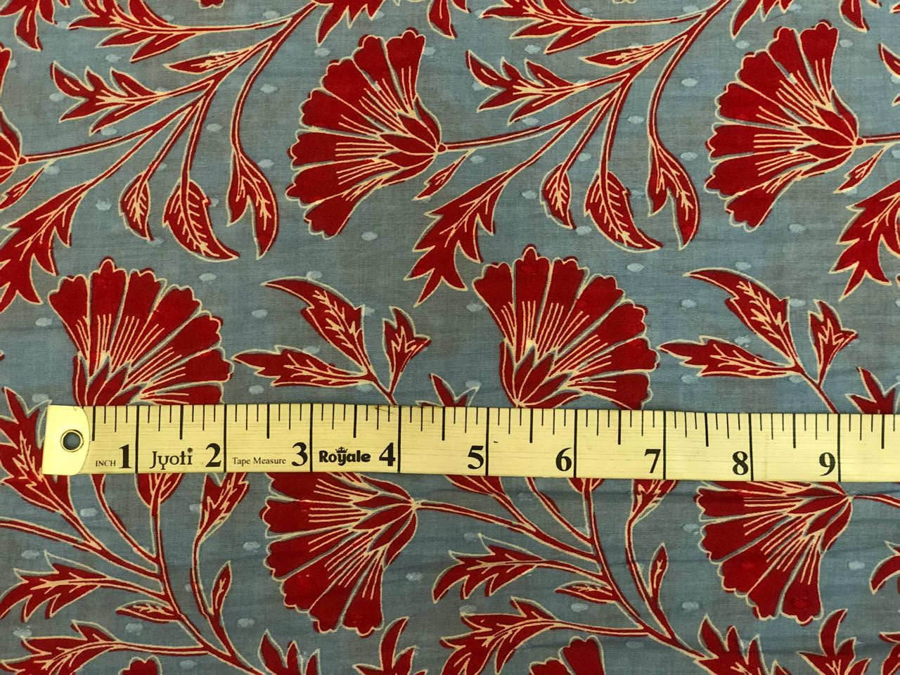 100% cotton mull fabric blue with dainty red flowers dobby [18691]