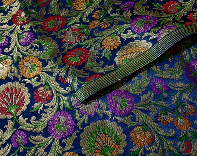 Brocade Heavy KING KHAB  Fabric DARK NAVY WITH   mustard and purple floral jacquard  with metallic white gold BRO990[4]