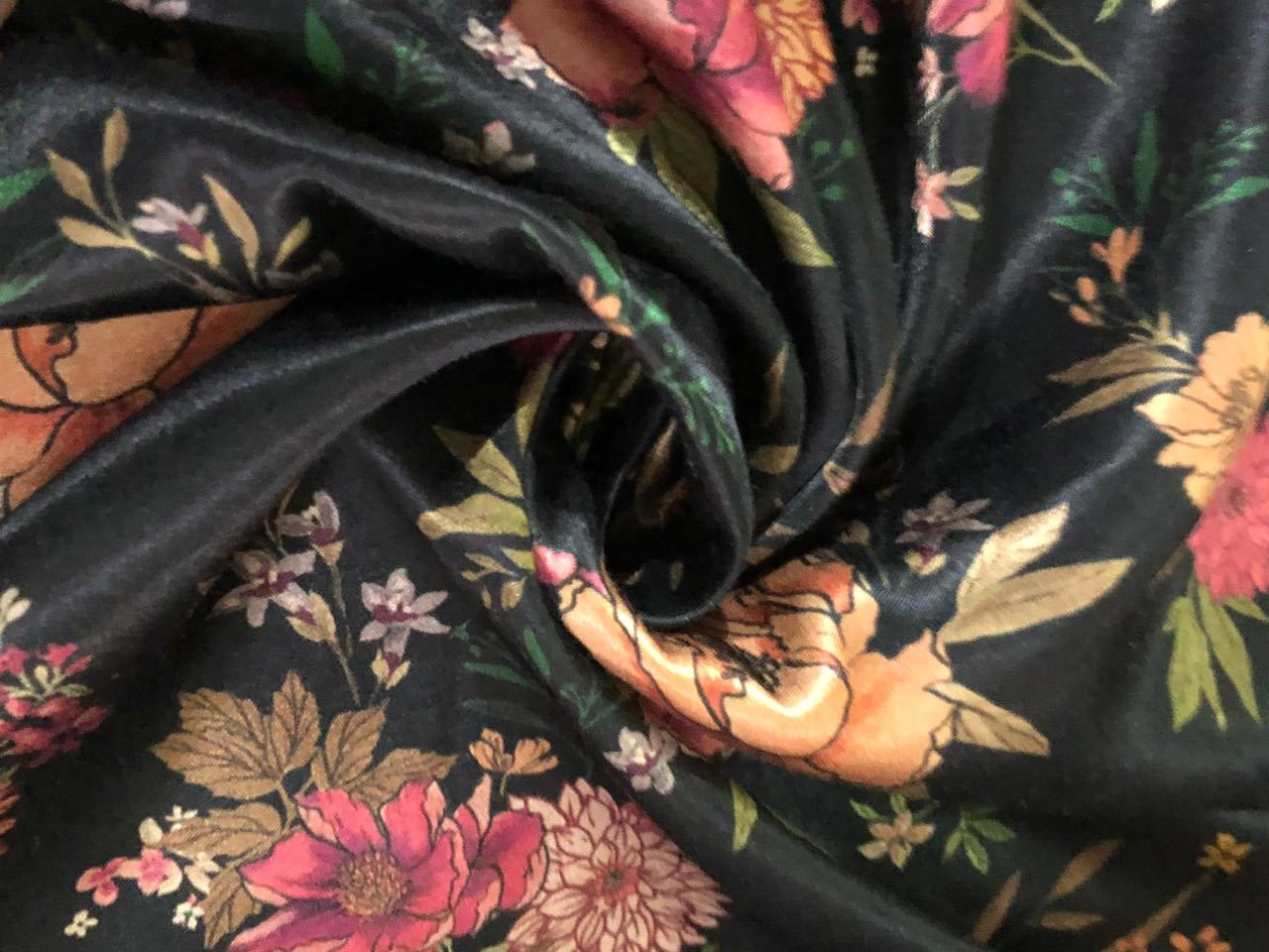 Viscose  Modal Satin fabric Digital pink,cream,orange,peach,green Floral Print 44" wide available in 3 colors black, dark teal and mustard gold