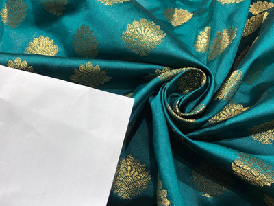 Silk Brocade fabric with Metallic gold motif Jacquard  44" wide BRO928 available in 4 colors DARK BOTTLE GREEN/ GREEN/ GOLDEN BEIGE and BLUE