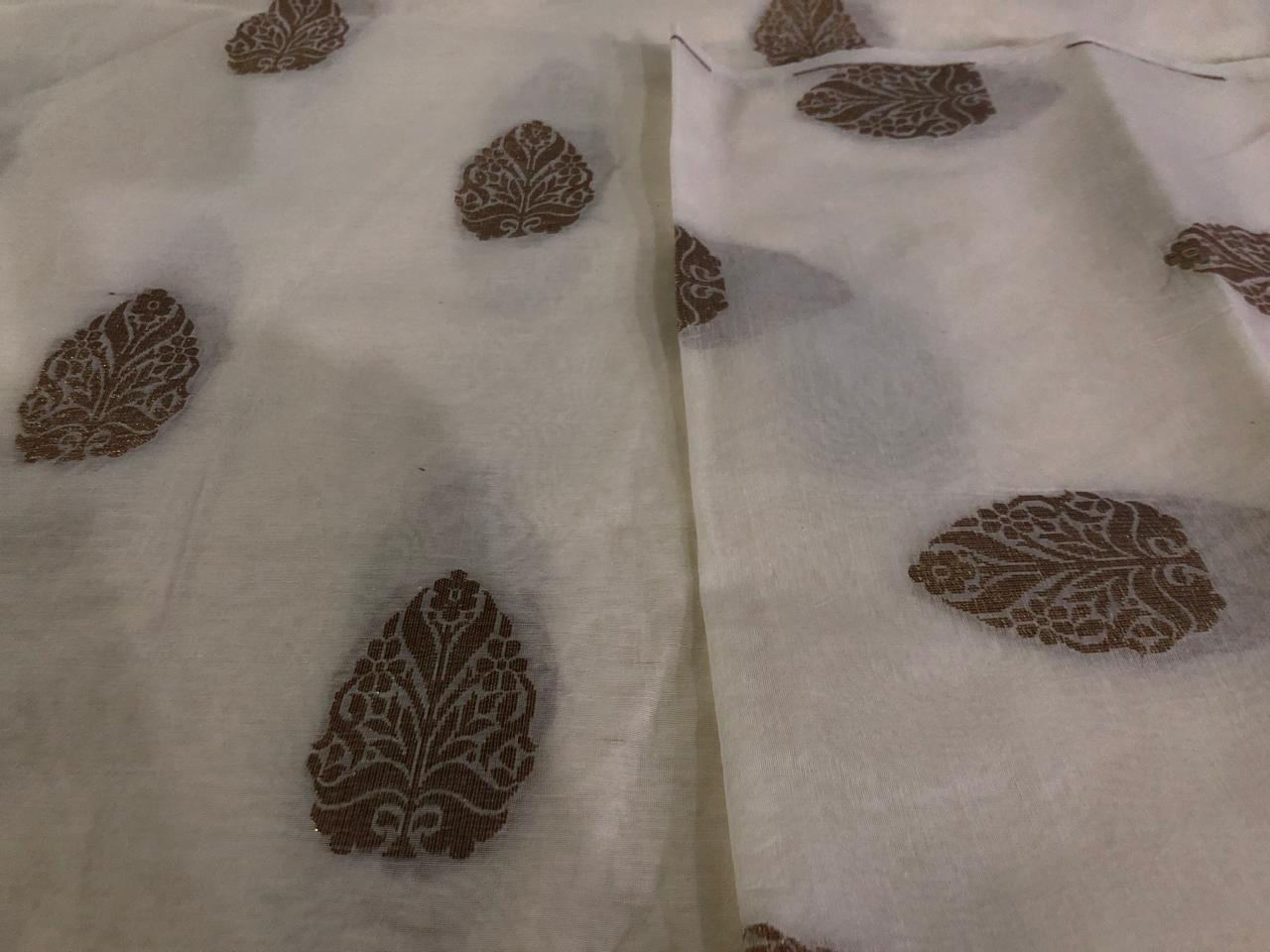 Silk Cotton Chanderi Fabric with  metallic gold jacquard  leaf motif 44&quot; wide [17225]