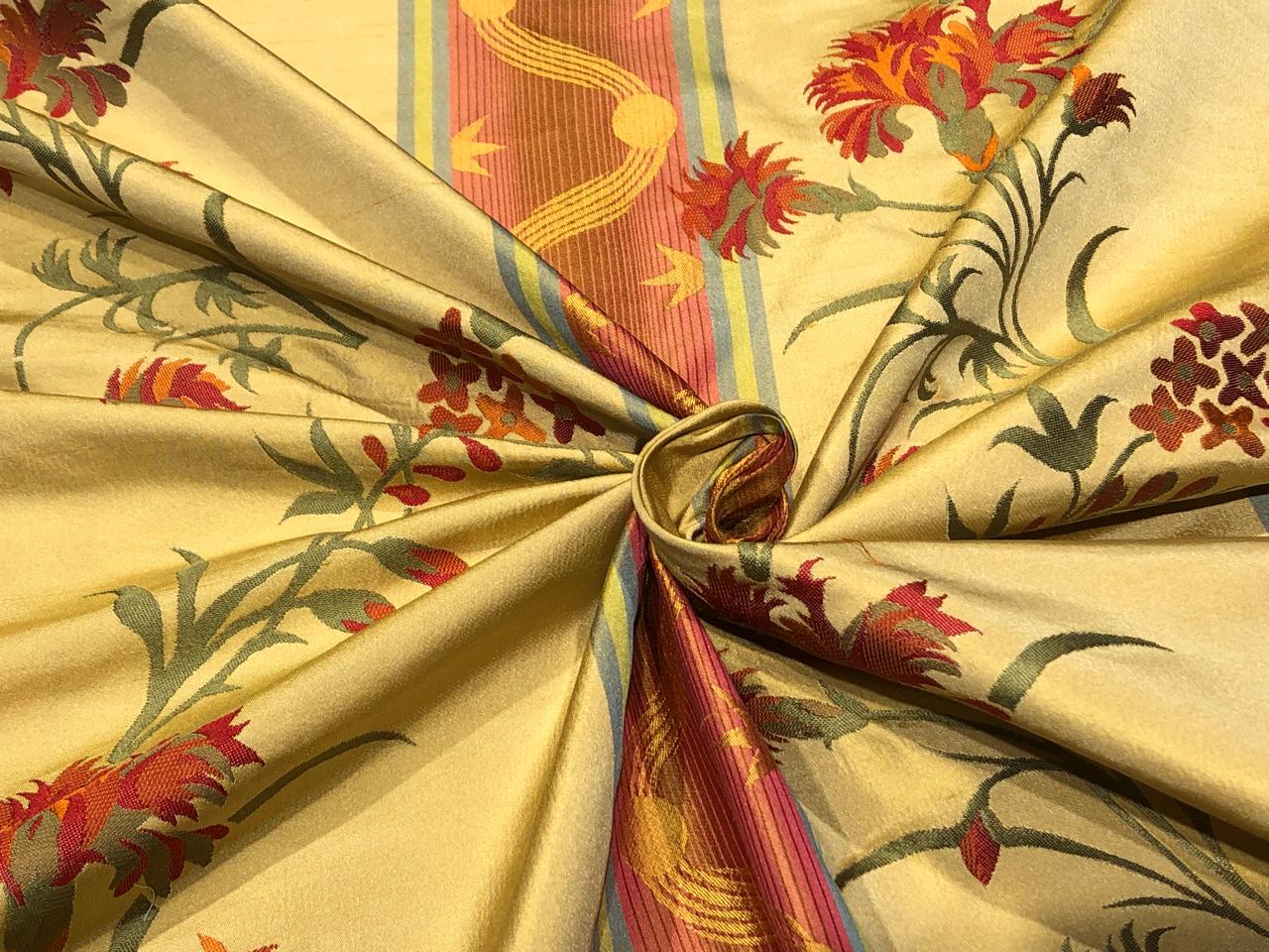 100% Silk Taffeta Jacquard Fabric golden brown  with red orange floral jacquard and stripes  54" wide TAFJACNEW24