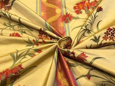 100% Silk Taffeta Jacquard Fabric golden brown  with red orange floral jacquard and stripes  54" wide TAFJACNEW24