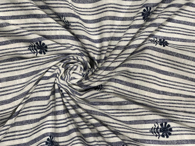 100% Linen stripe fabric [navy /white stripes]with navy color floral motif embroidery [17707]