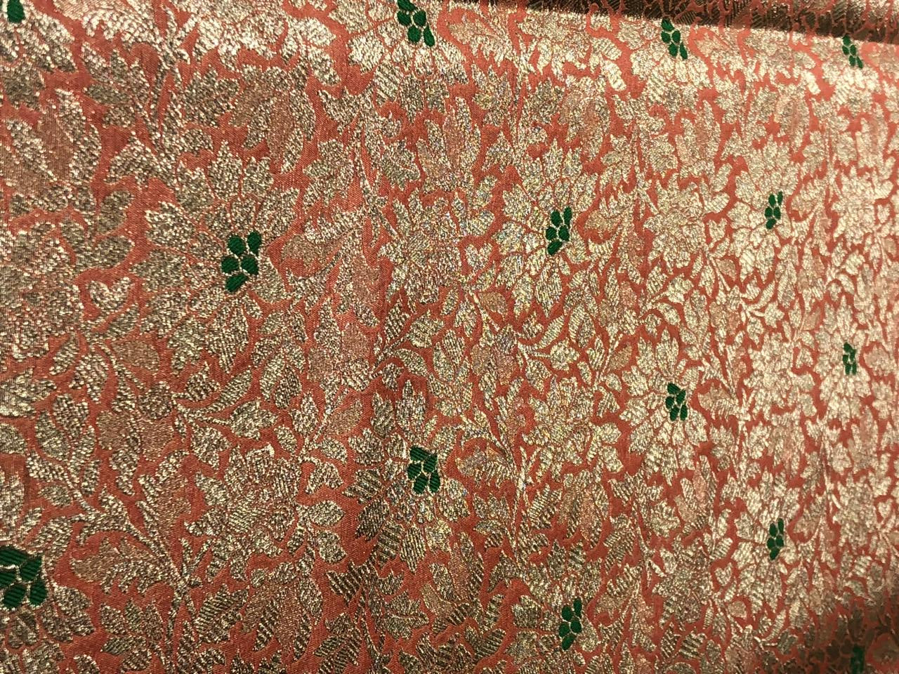 Silk Brocade fabric 44" peach and green with metallic white gold floral jacquard BRO1038[3]