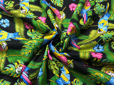 100% Cotton Poplin PRINT   58" wide RETRO BEACH available in 3 different prints pink ,orange, blue ,yellow ,green waves / black jungle with pink and blue parrots and flowers AND blue with lavender pink flowers