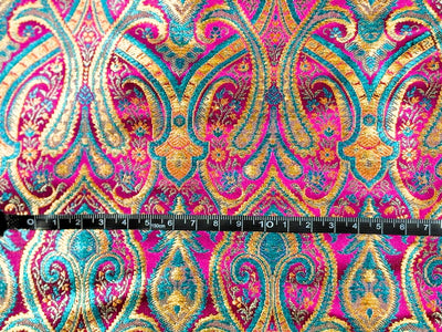 Silk Brocade fabric 44"bright paisley  jacquard available in 4 colors pink/blue/gold , mango/pink/green ,burgundy/green/gold and ink blue/teal/red   BRO1045