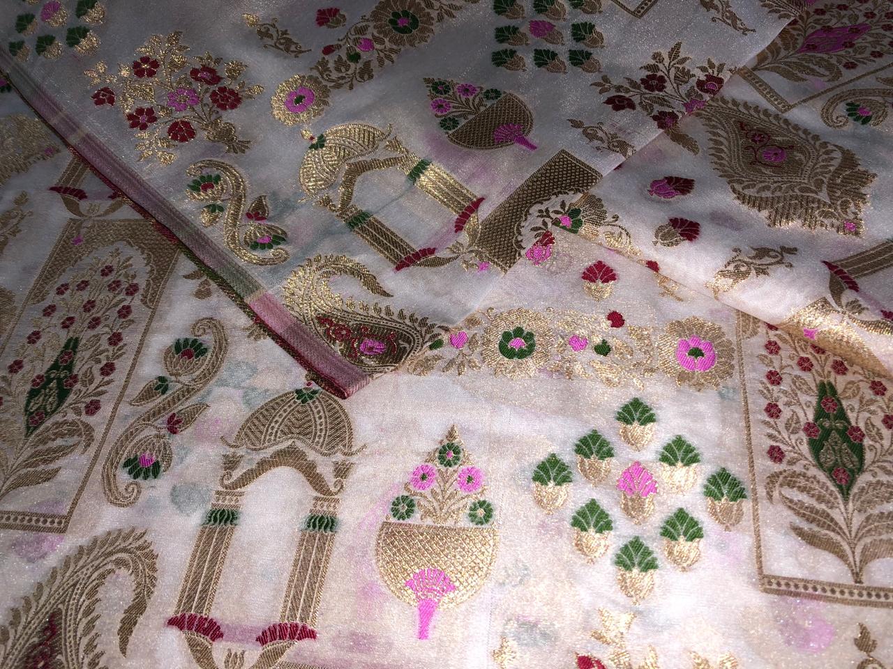 Silk Brocade fabric 44" available in 4 colors  peach, white ivory, mint and grey  [BRO1042]