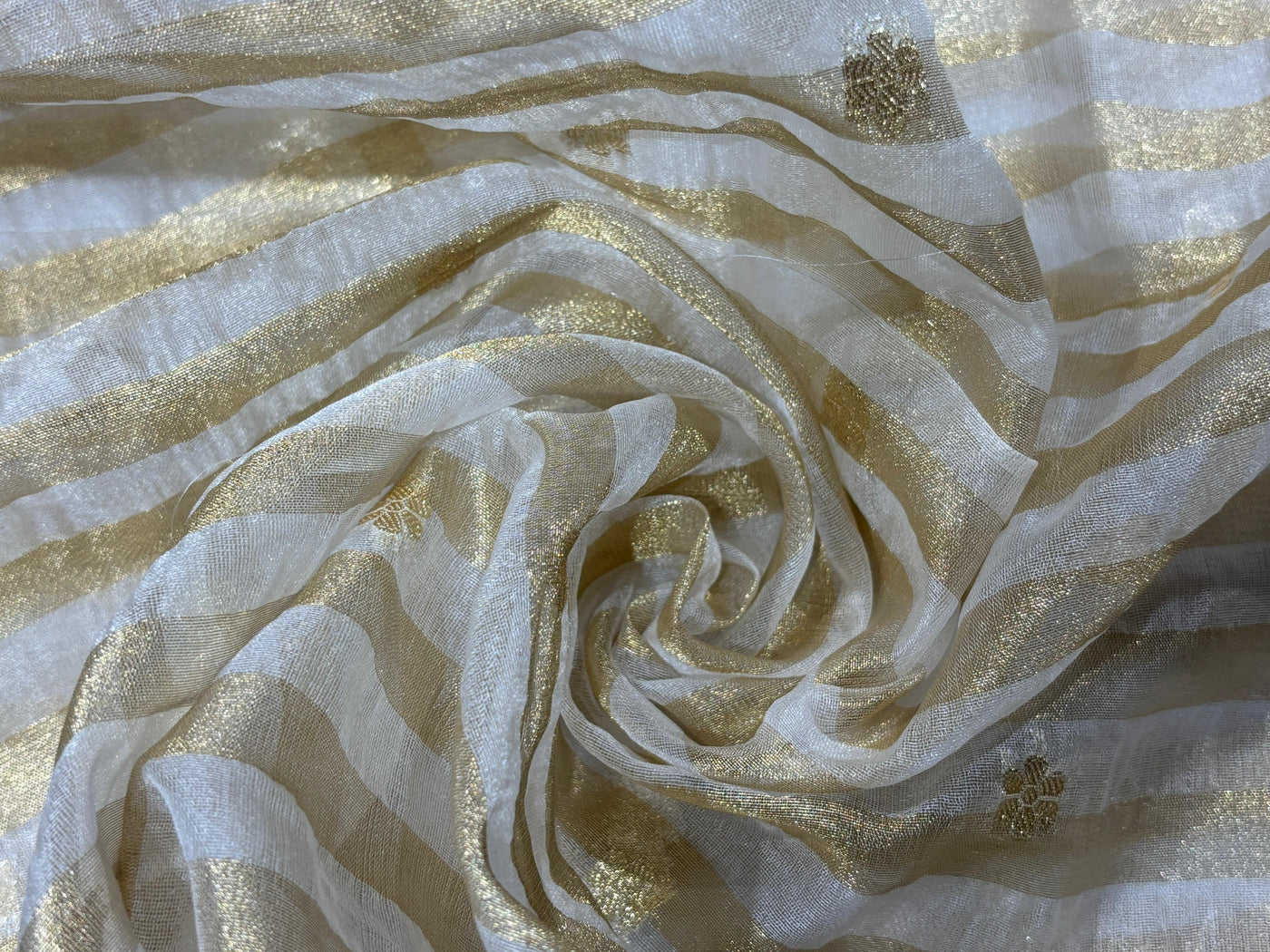 Tissue fabric  ivory and gold stripe with gold dainty flowers 44" wide [17800]