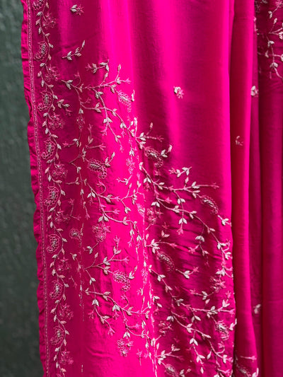 Indian beautiful silk crepe sari hot pink 6 yards with zardosi embroidery