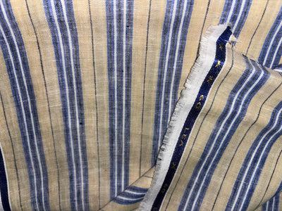 100% Linen stripe 60's Lea Fabric 58" wide camel, blue,black and white stripe [17194]