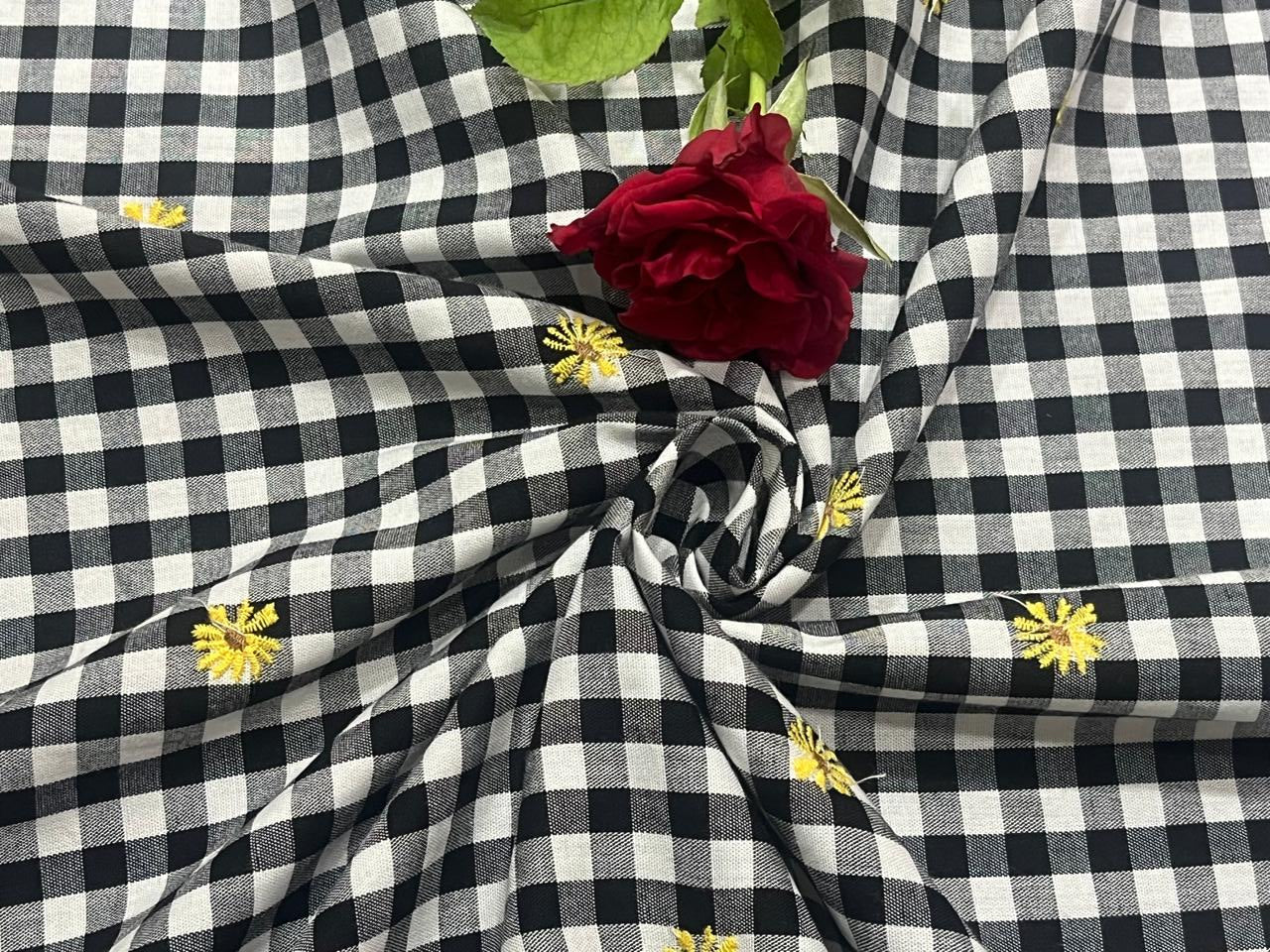 100 % Cotton BLACK AND WHITE PLAIDS  Fabric Embroidered with tiny yellow flowers [16342]