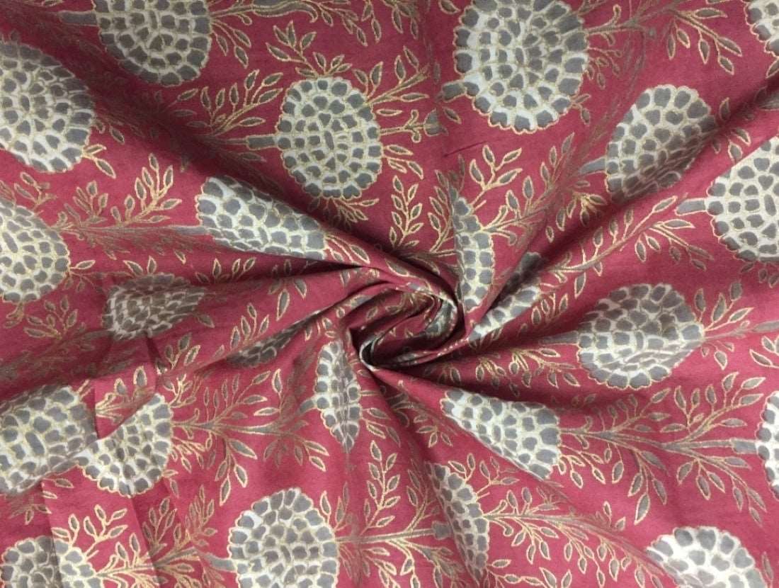 100% Cotton Printed Burgundy with grey floral golden jacquard Fabric 44 &quot; wide