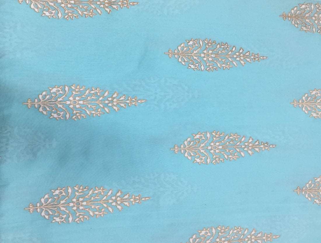 100% Cotton Printed light blue with floral golden jacquard Fabric 44 &quot; wide