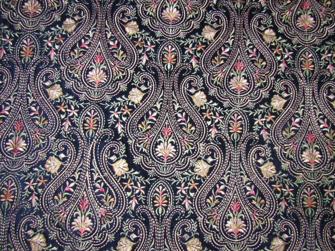 100% cotton Velvet Heavily Embroidered Fabric 54&quot; wide ~ dark navy with pastel floral paisleys.