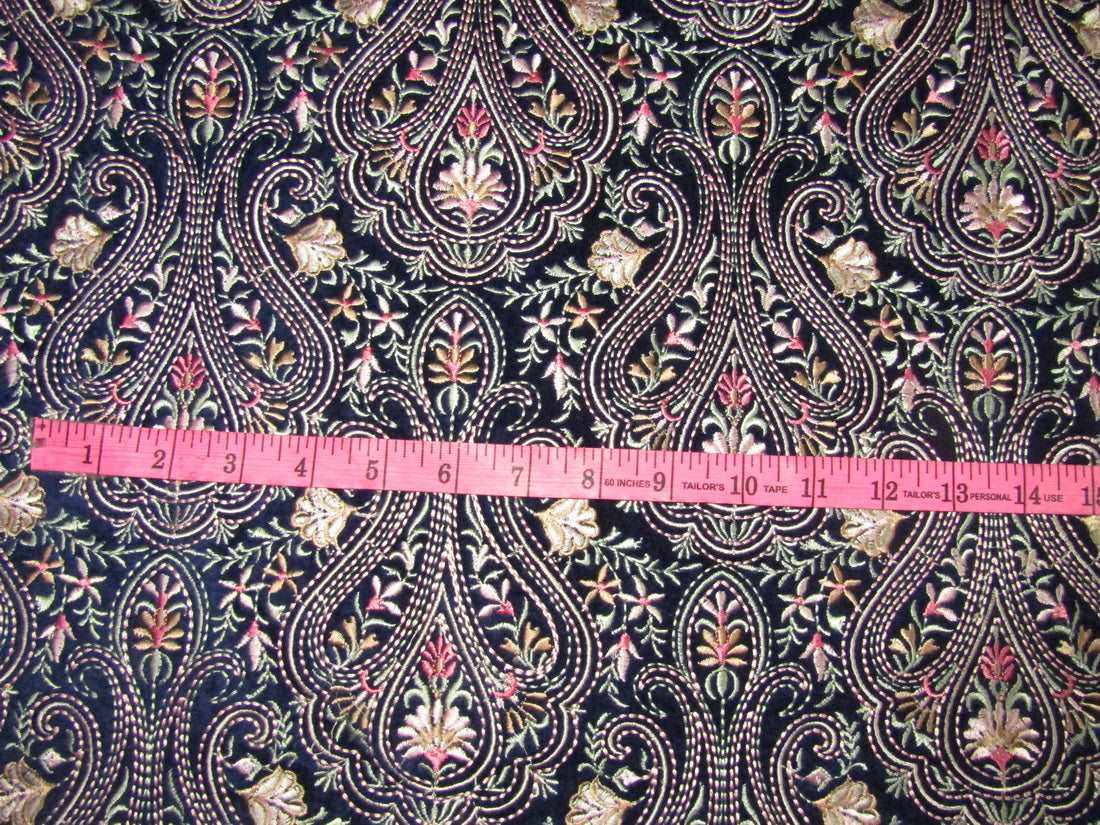 100% cotton Velvet Heavily Embroidered Fabric 54&quot; wide ~ dark navy with pastel floral paisleys.
