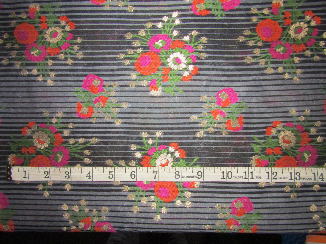 Silk Brocade fabric black stripe ,metallic gold pink and orange flowers 44" wide BRO735[1]