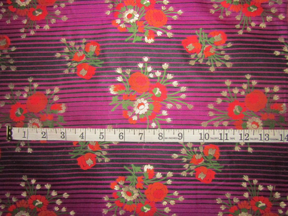 Silk Brocade fabric magenta stripe, metallic gold red and orange flowers 44" wide BRO735[3]