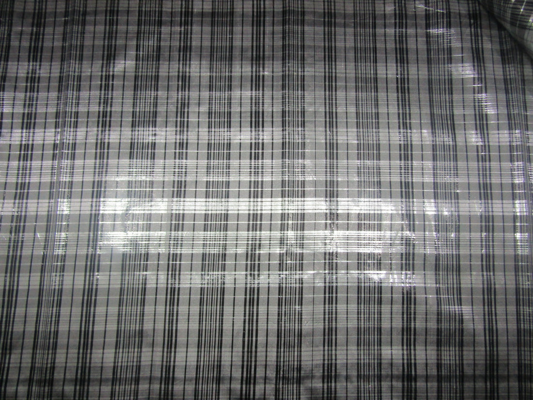 100% Silk dupion Fabric silver grey ,black and metallic silver Plaids 54" wide DUP#C122[1]