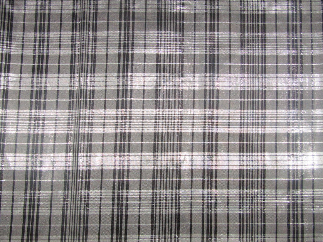 100% Silk dupion Fabric silver grey ,black and metallic silver Plaids 54" wide DUP#C122[1]