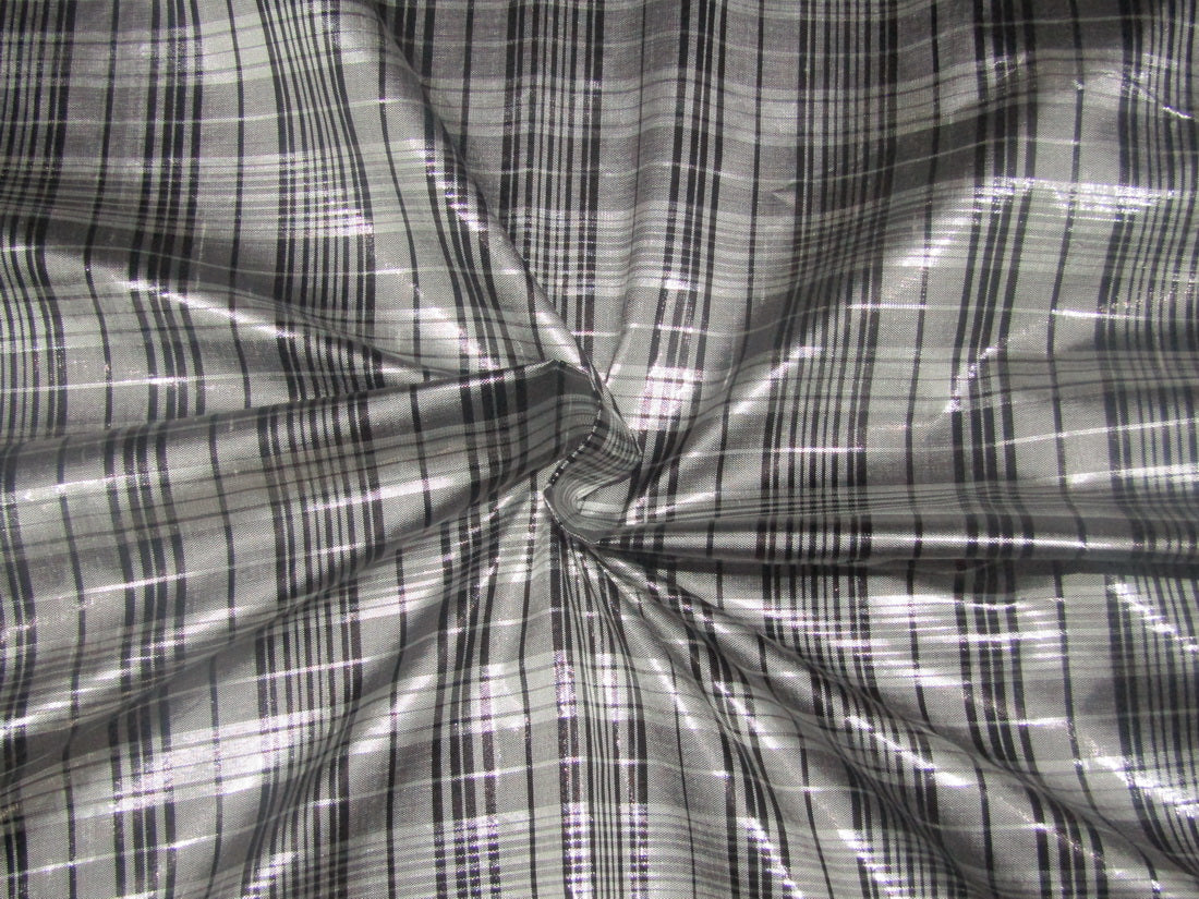 100% Silk dupion Fabric silver grey ,black and metallic silver Plaids 54" wide DUP#C122[1]